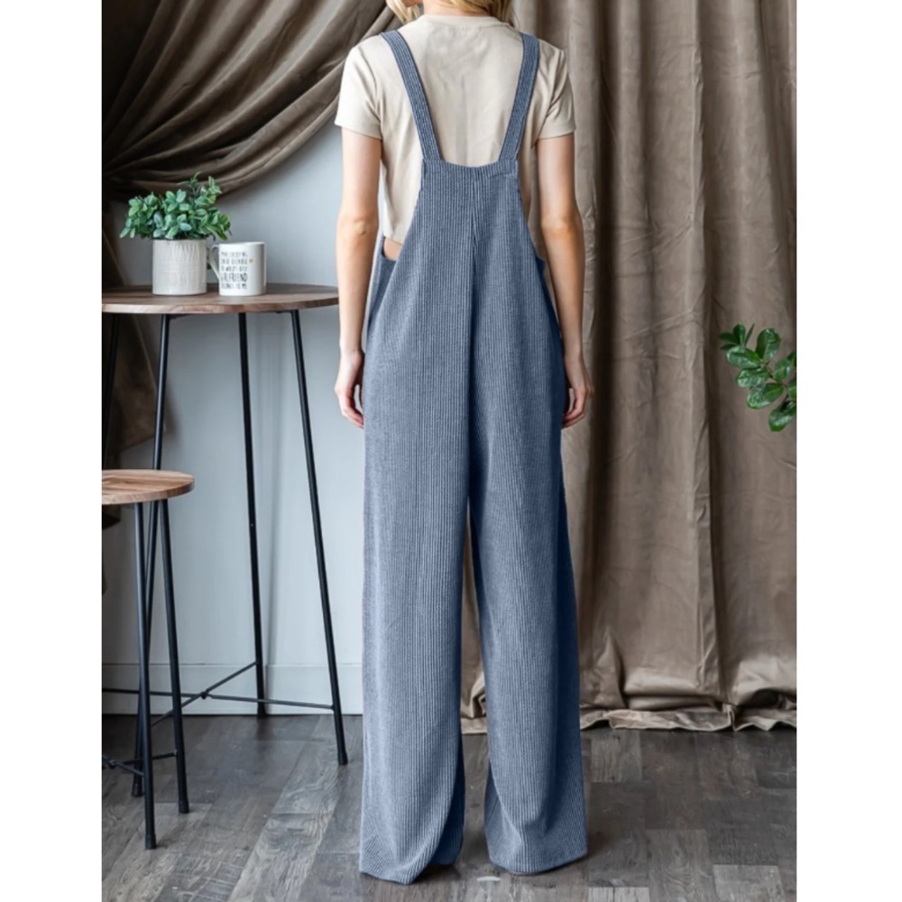 Women's Stretchy Ribbed Jumpsuit-Blue-Size 1X - Picture 3 of 9